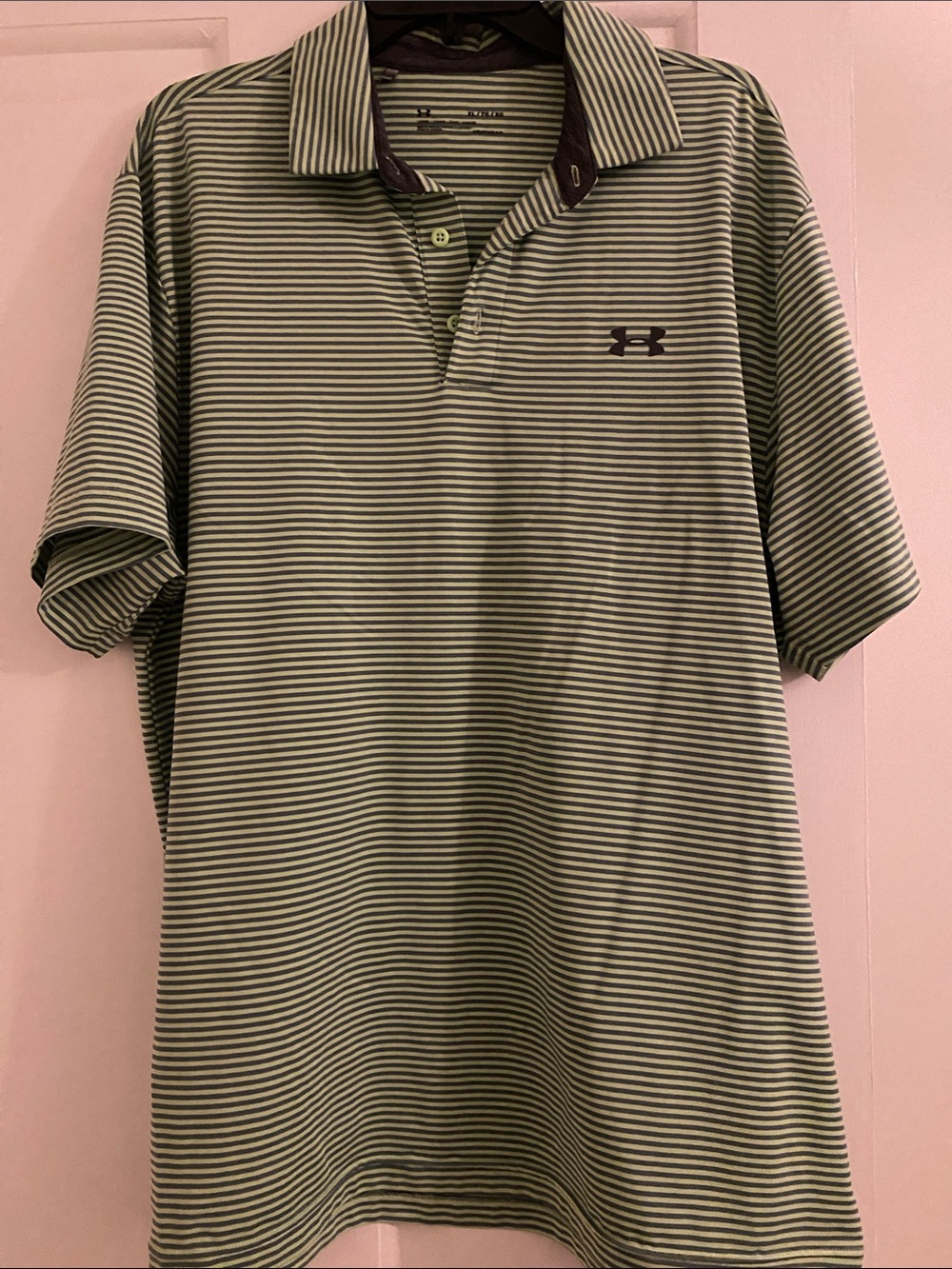 Under Armour Green and White Striped Performance Polo